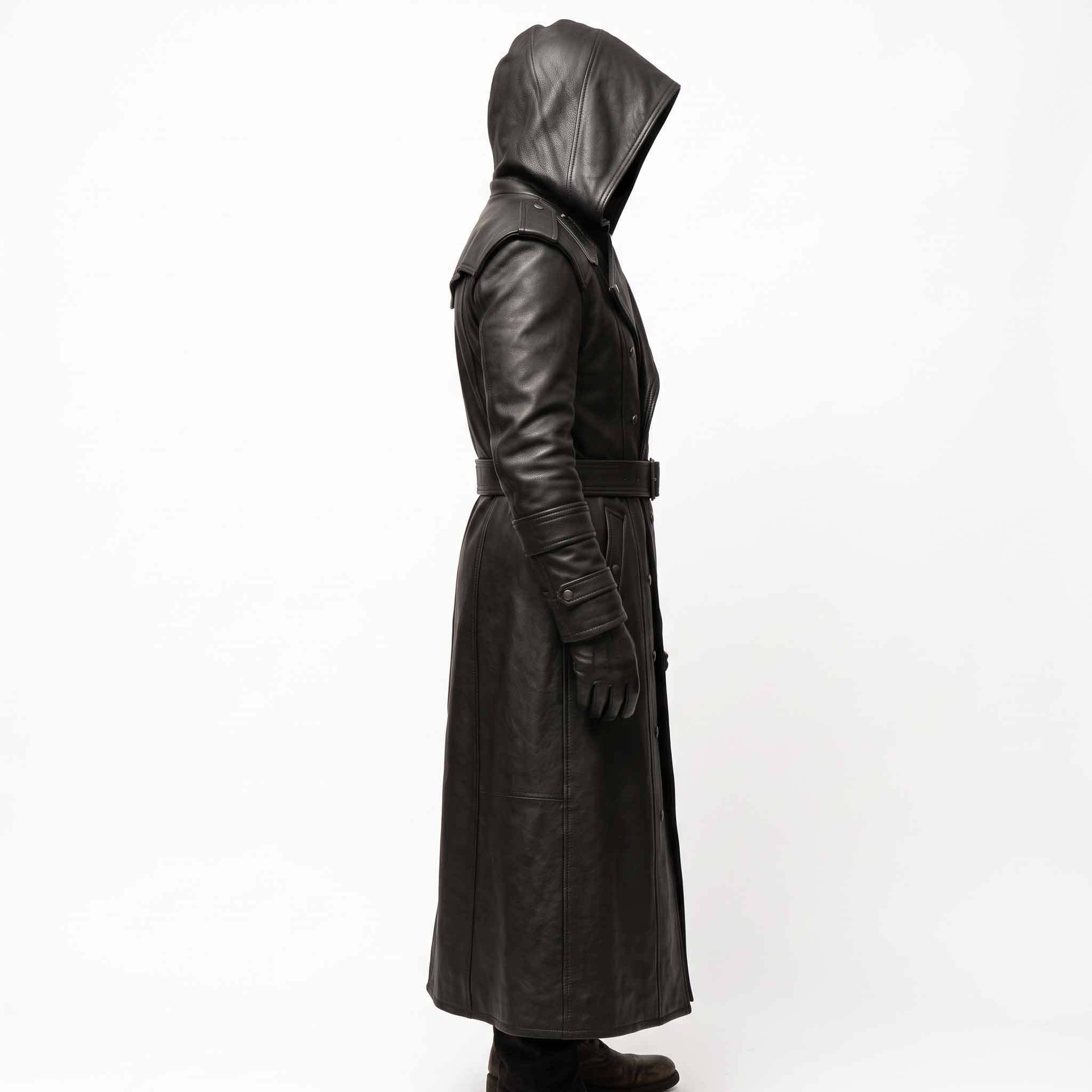 Left side view of black genuine cowhide leather duster coat showing straight vertical silhouette, belted waist, and wrist details