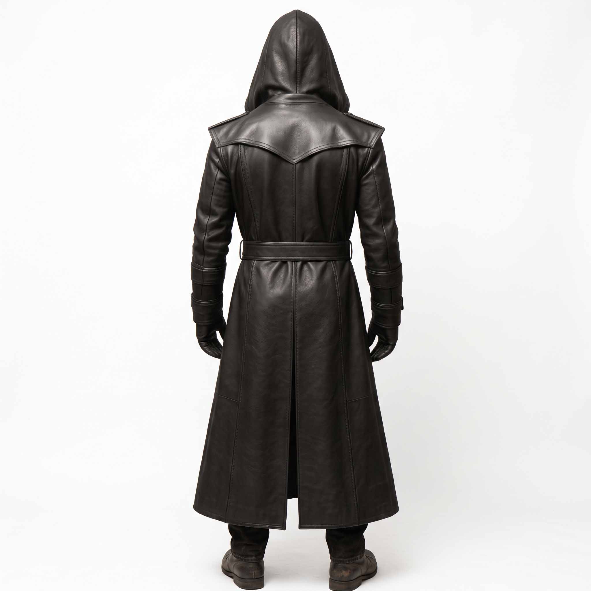 Back view of man wearing tailored black leather trench coat displaying pointed inverted V storm flap yoke, waist belt, and tall center walking vent