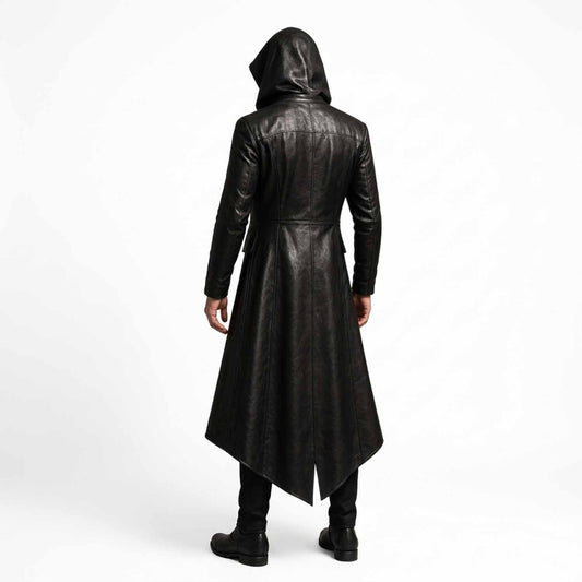 Men's Black Cowhide Leather Hooded Trench Coat | Gothic Long Winter Duster