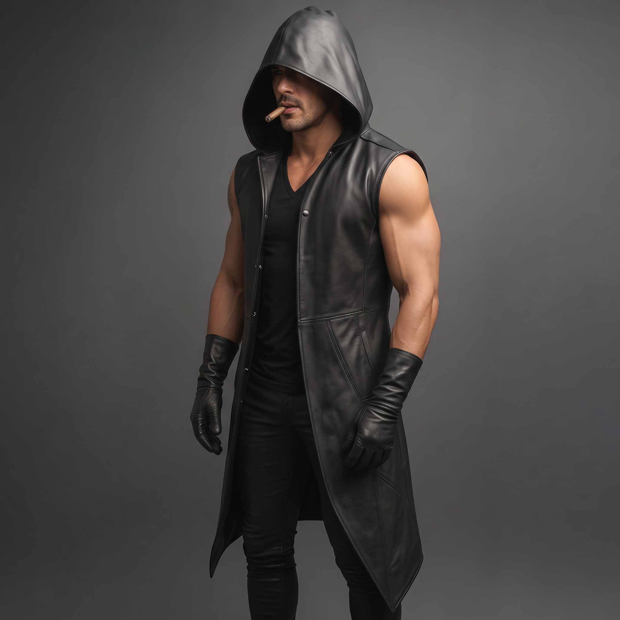 Front three quarter perspective of man wearing long black leather gothic vest open over dark v neck tee on grey studio background