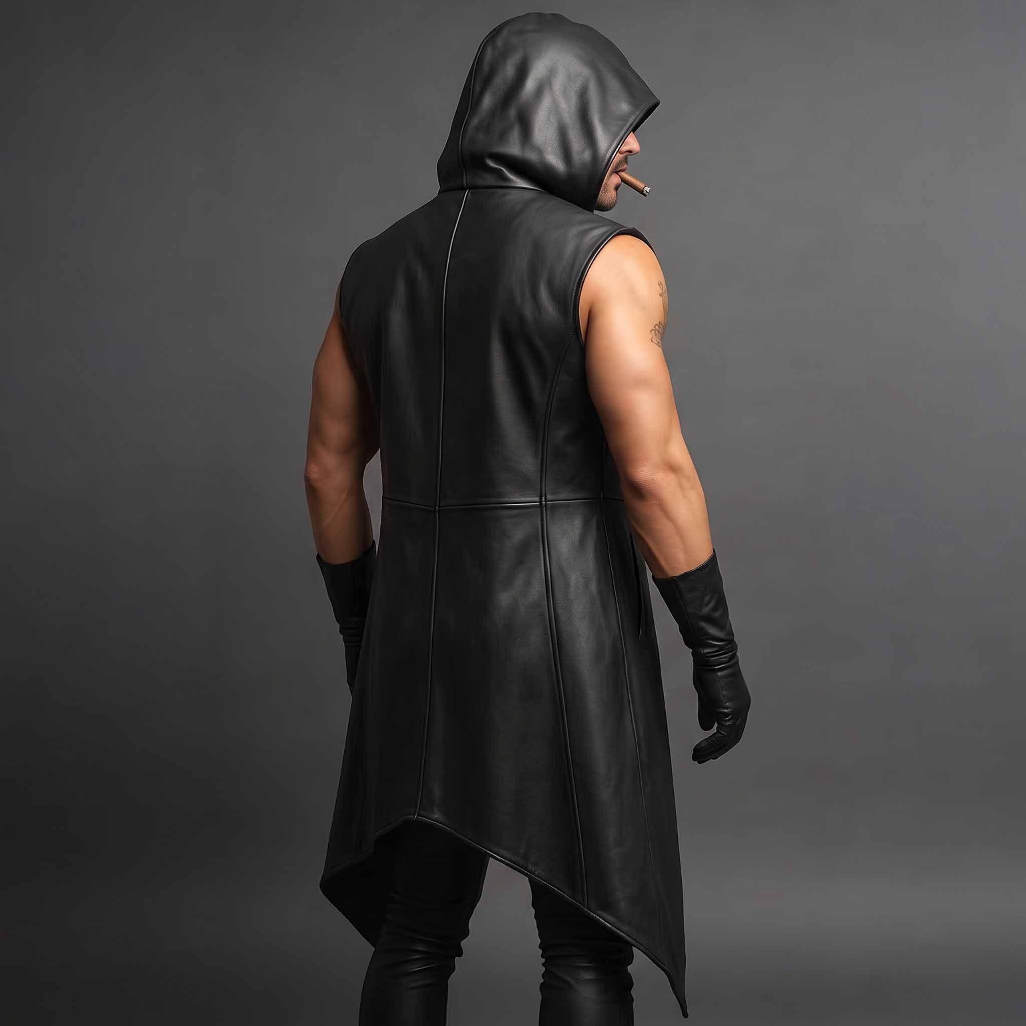 Rear three quarter studio angle showing draped leather cowl hood and asymmetric lower hem on sleeveless cyberpunk duster coat