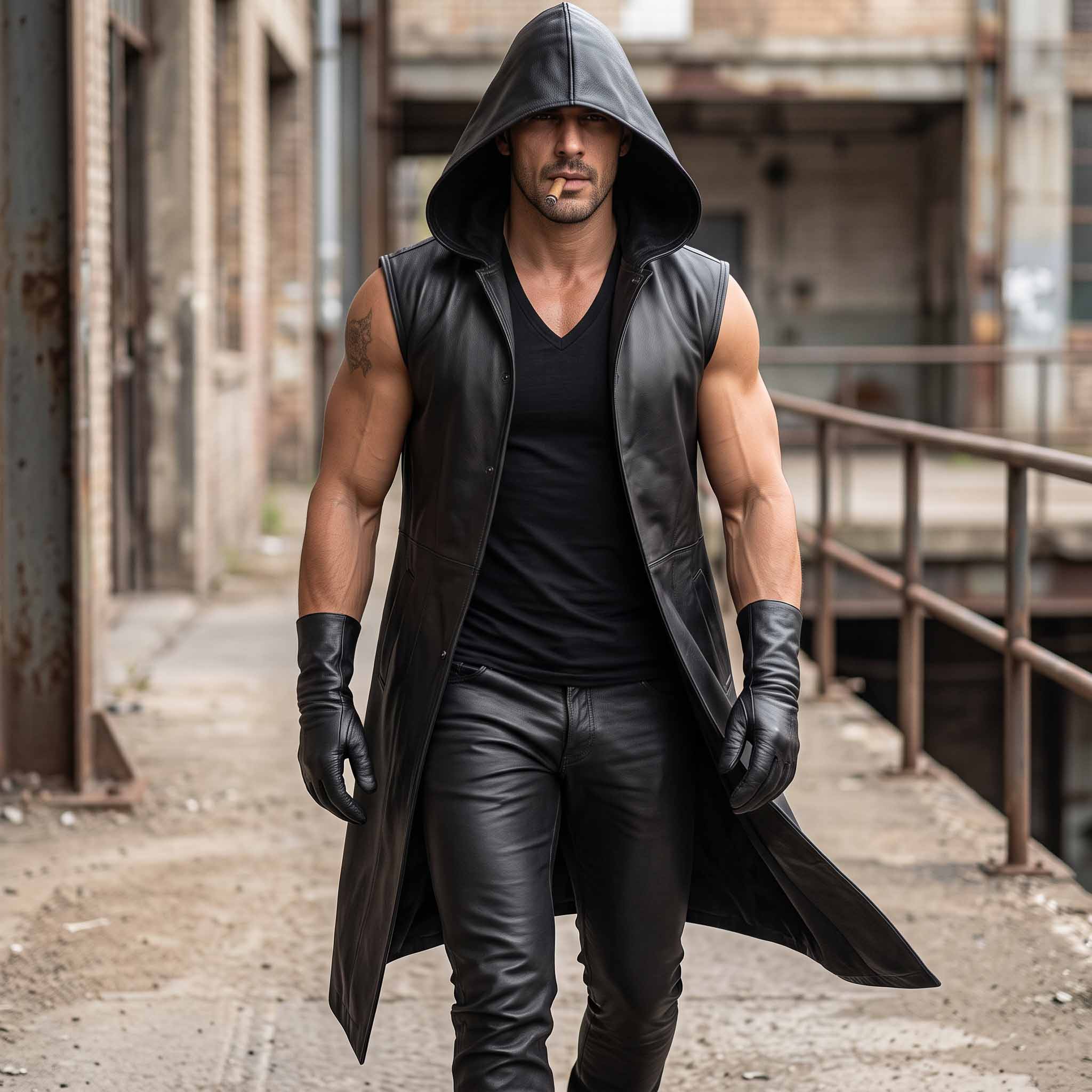 Front view of man walking through urban industrial alley wearing handmade black leather hooded duster vest and leather pants