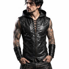 Close up front view of mens black sheepskin leather hooded armor vest highlighting metal eyelets, antique buckles, and pointed hemline