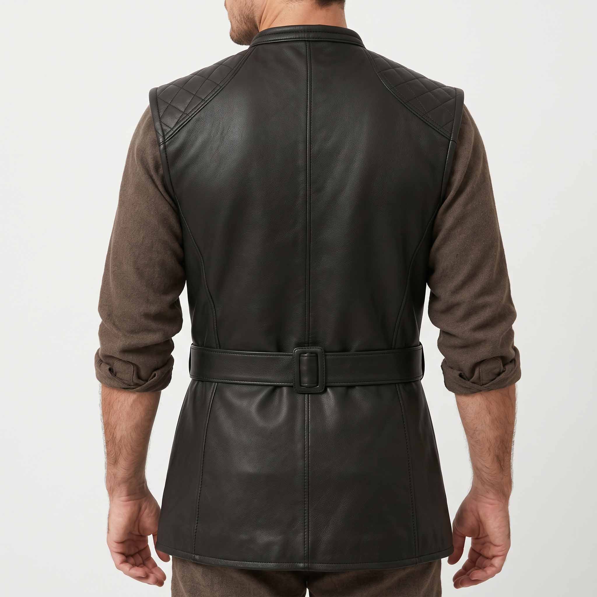 Close up front view of mens black leather fantasy jerkin detailing dark eyelets, cross lacing, mandarin collar, and roller buckle belt