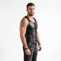 Side profile three quarter view of man wearing tailored black leather steampunk jerkin showing deep armhole cut and flank lacing