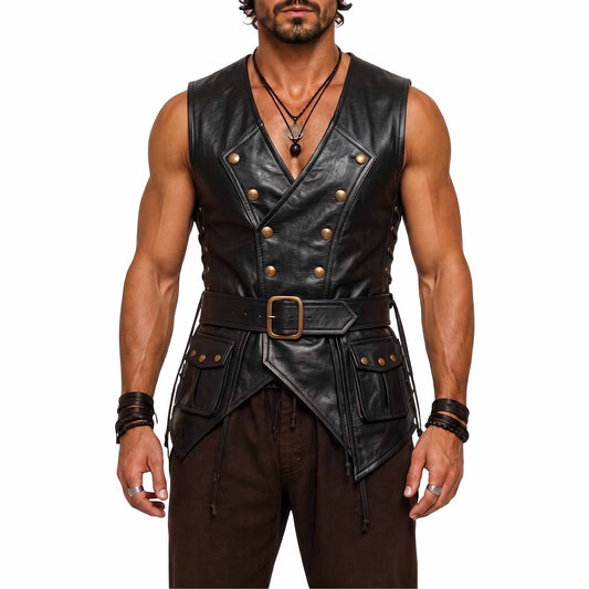 Front view of athletic man modeling black genuine leather pirate waistcoat showing deep V neck and asymmetrical pointed hemline