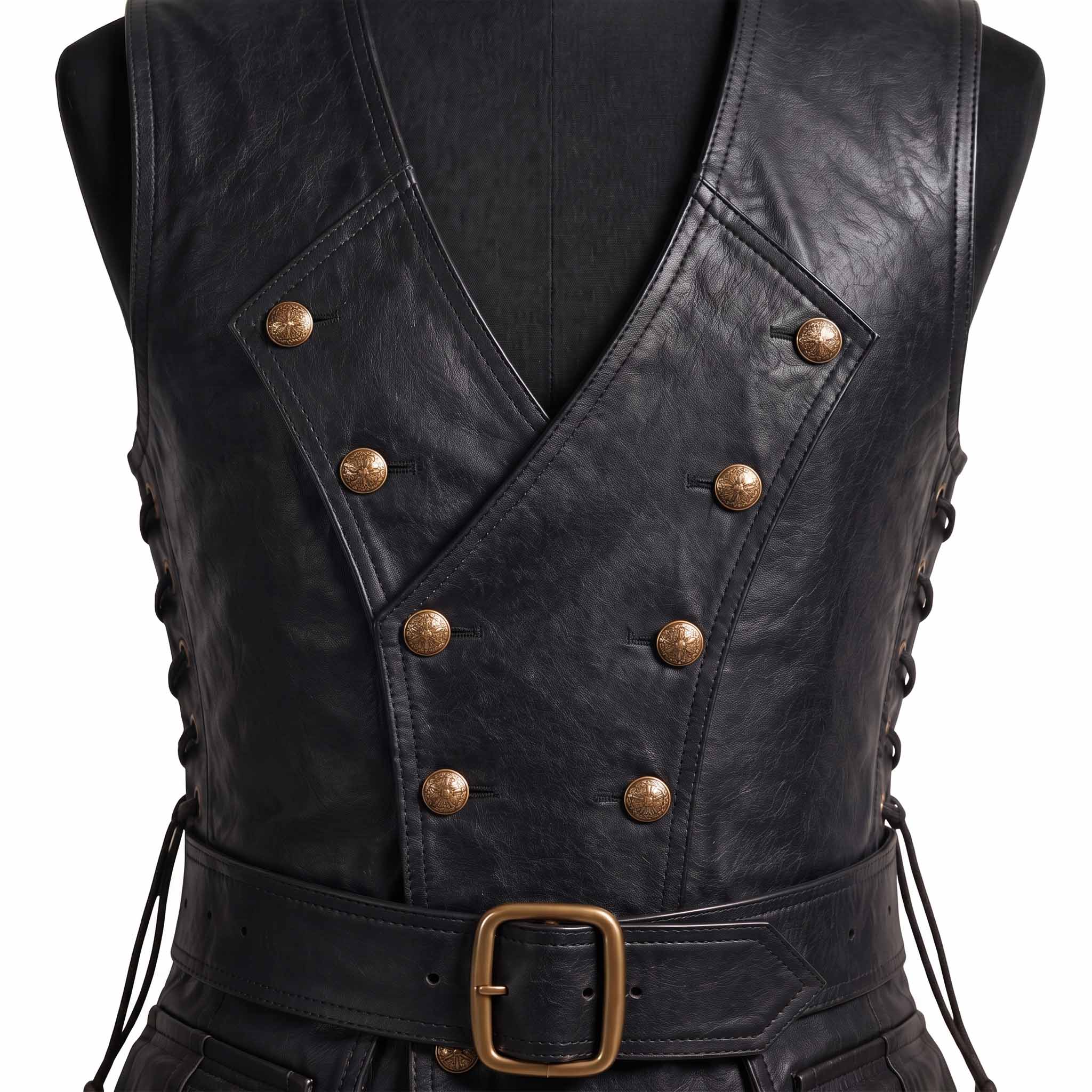 Macro close up of black leather medieval waistcoat chest highlighting double breasted embossed brass buttons and leather waist belt buckle