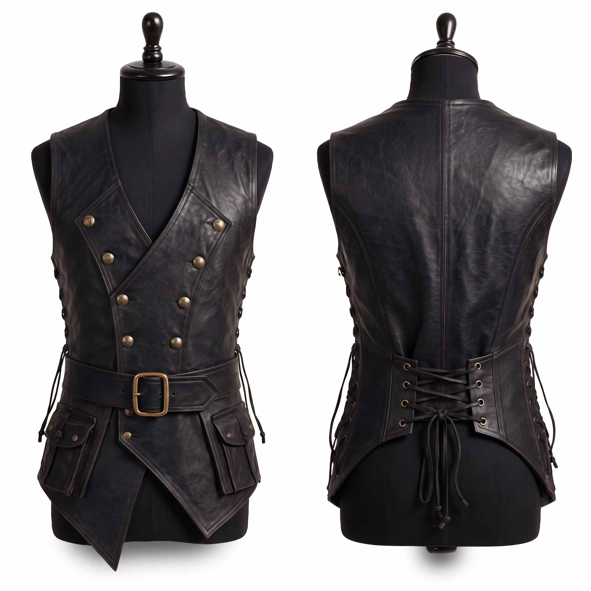 Two panel studio comparison showing front double breasted button placket and rear corset lace up back of black leather medieval waistcoat