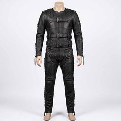 Studio shot of mens black leather restraint jacket and pants set on tailor mannequin highlighting triple chest buckles and thigh harness