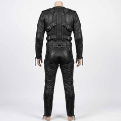 Back studio view of black leather bondage suit on mannequin displaying symmetrical back buckle straps, D rings, and outer leg cord eyelets