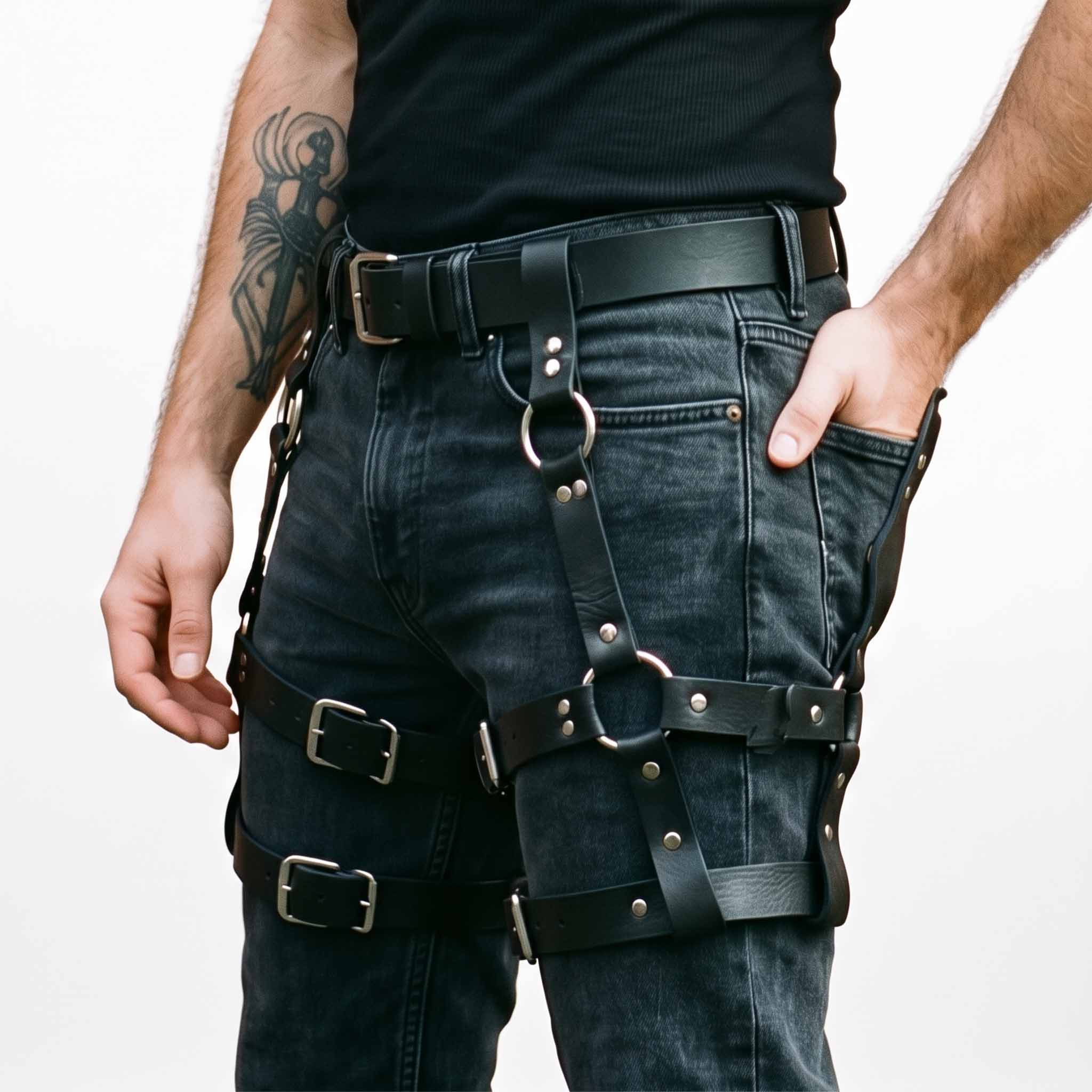 Side three quarter view of man with hand in jeans pocket wearing black leather festival leg harness highlighting metal O rings and side rivets