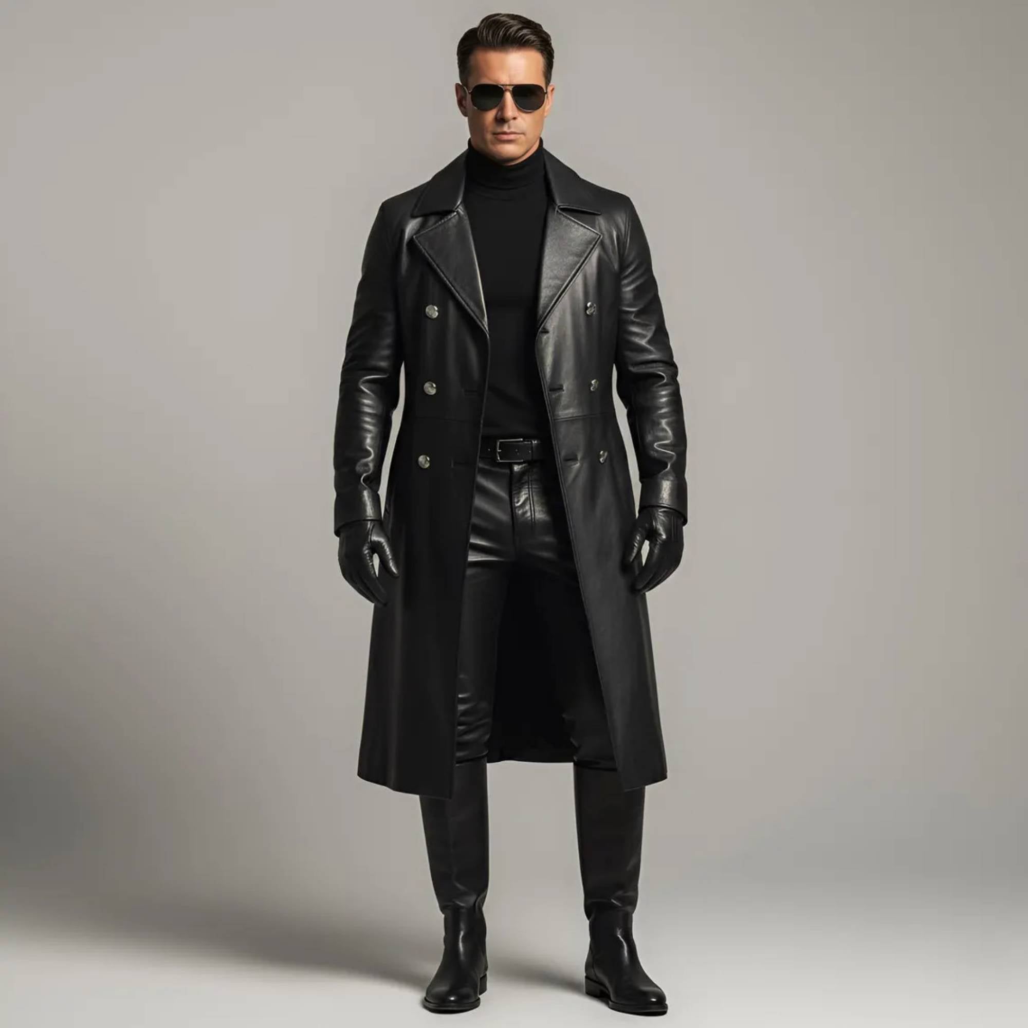 ide profile view of handsome man wearing handmade full-length black leather trench coat and boots against grey background