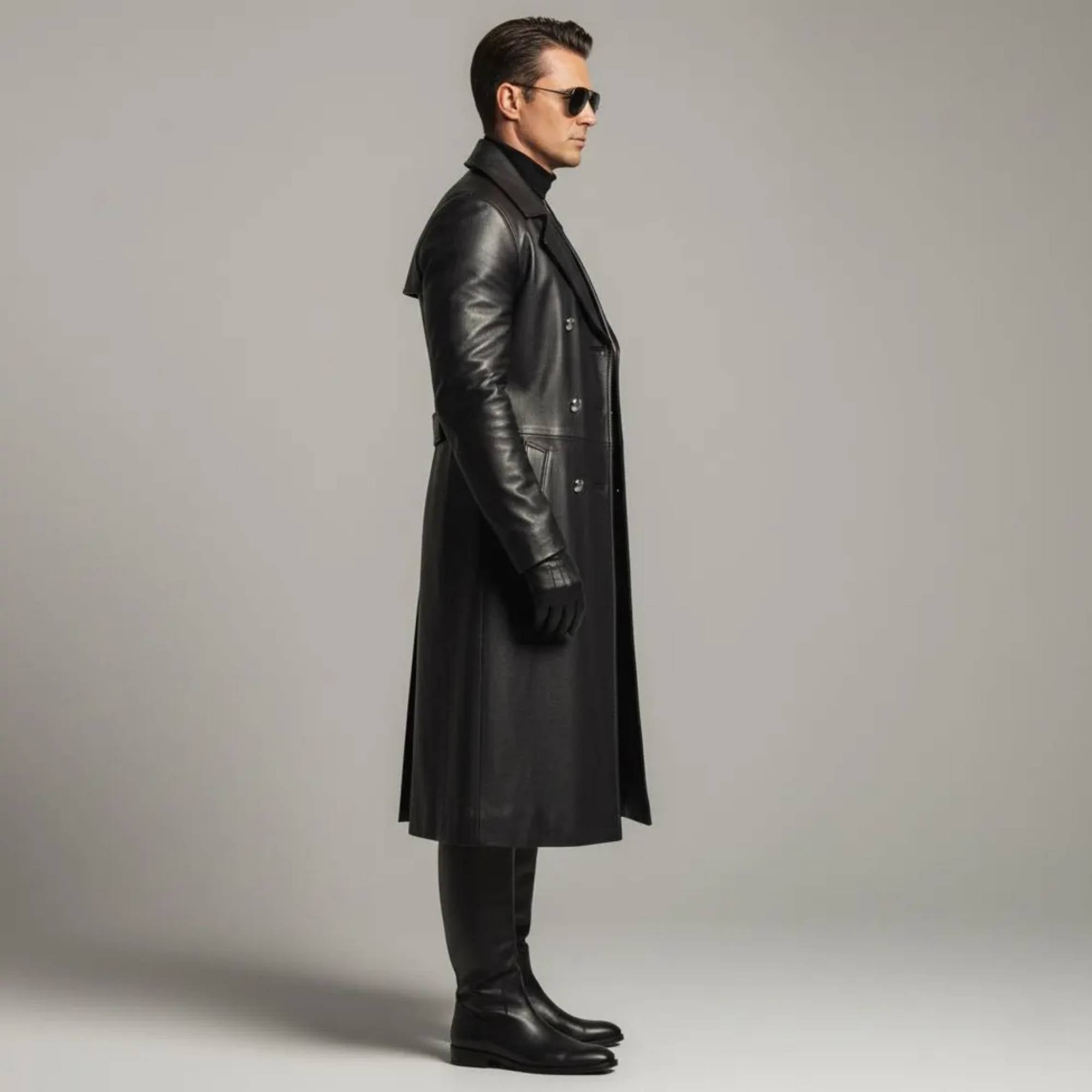 Rear full body view of mens black cowhide leather duster coat showing upper storm flap waist belt and center split walking vent