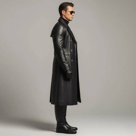 Rear full body view of mens black cowhide leather duster coat showing upper storm flap waist belt and center split walking vent