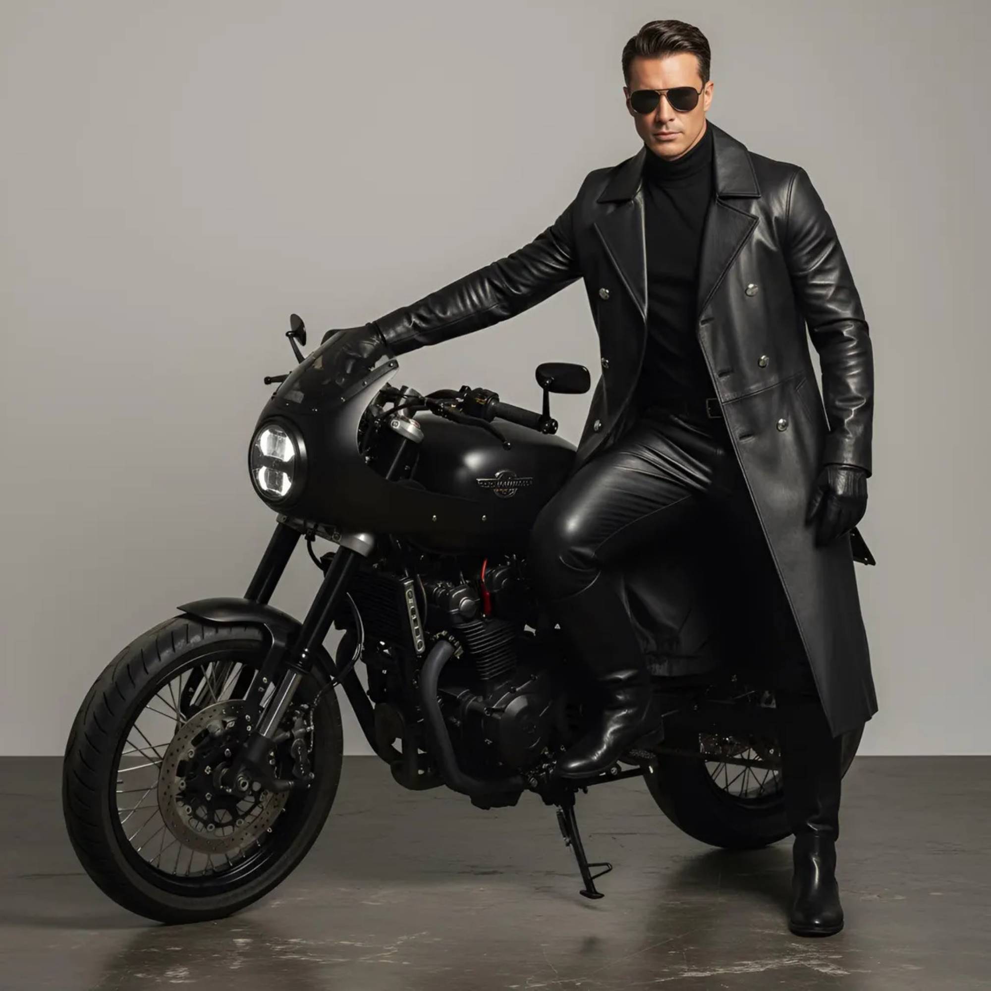 Man wearing black leather full length overcoat seated on cafe racer motorcycle wearing aviator sunglasses and leather gloves