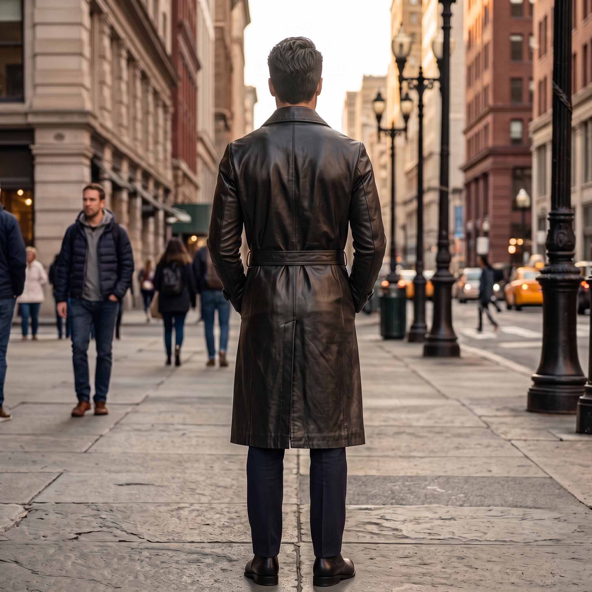 Rear full length view of mens black leather long duster coat showing structured back yoke belted waist and center split walking vent
