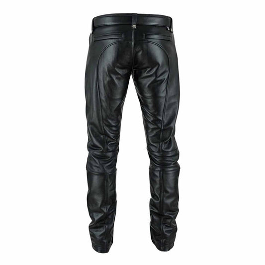Rear view of the slim-fit black leather motorcycle trousers displaying clean paneling and tailored back pockets.