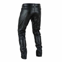 Angled back view of men's black leather trousers illustrating the smooth leather finish and refined silhouette.
