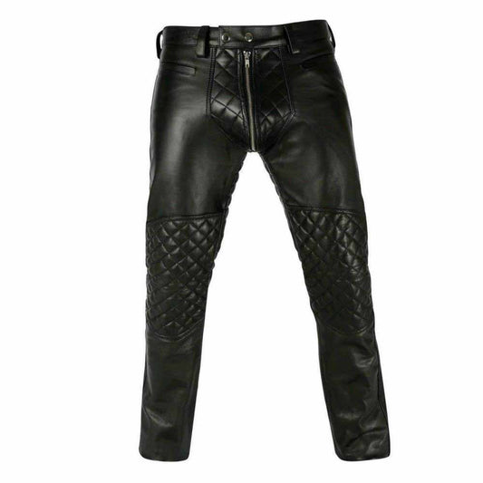 Front view of men's black real leather trousers displaying diamond-quilted knee panels and quilted front fly paneling.