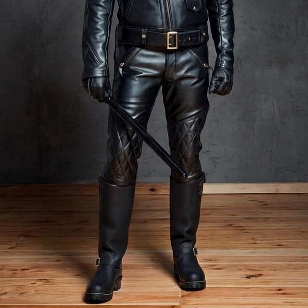 Pantalones de cuero negro de hombre, piel de vacuno auténtica con paneles acolchados, estilo motociclista