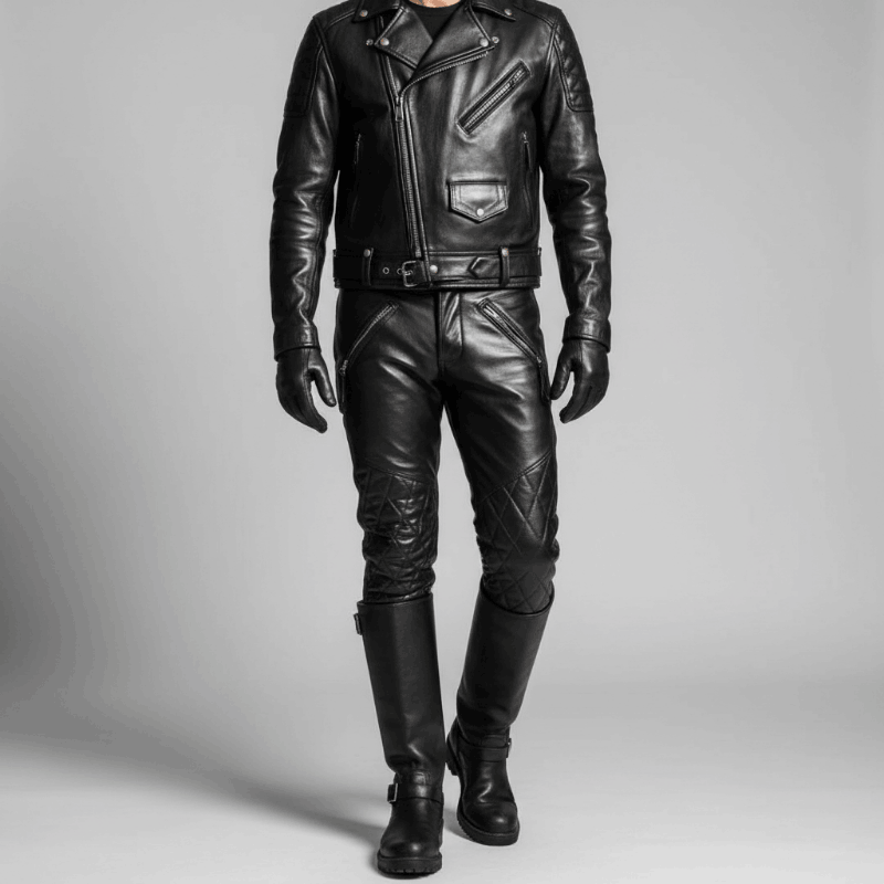 Pantalones Vaqueros Acolchados de Cuero Genuino de Vaca Negro BLUF Ajustados para Motociclistas