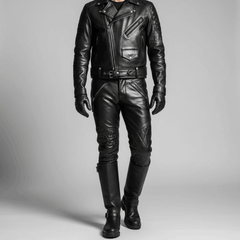 Pantalones Vaqueros Acolchados de Cuero Genuino de Vaca Negro BLUF Ajustados para Motociclistas