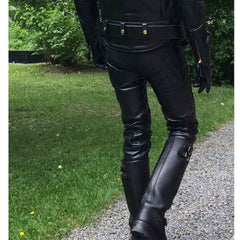 Pantalones Vaqueros Acolchados de Cuero Genuino de Vaca Negro BLUF Ajustados para Motociclistas