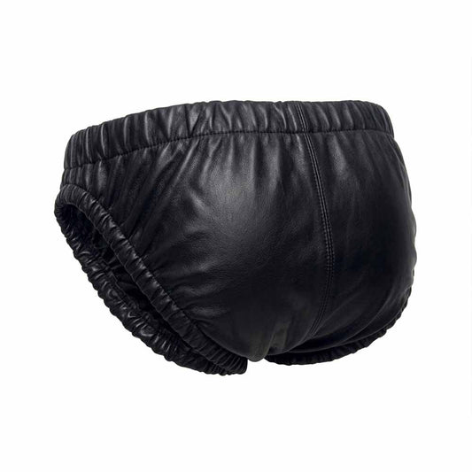 Rear view of men's black real leather underwear shorts highlighting full coverage back panel and elastic waistband