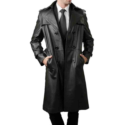 Abrigo de trinchera Matrix STEAMPUNK Van Helsing de cuero auténtico negro para hombre, la mayoría de tallas