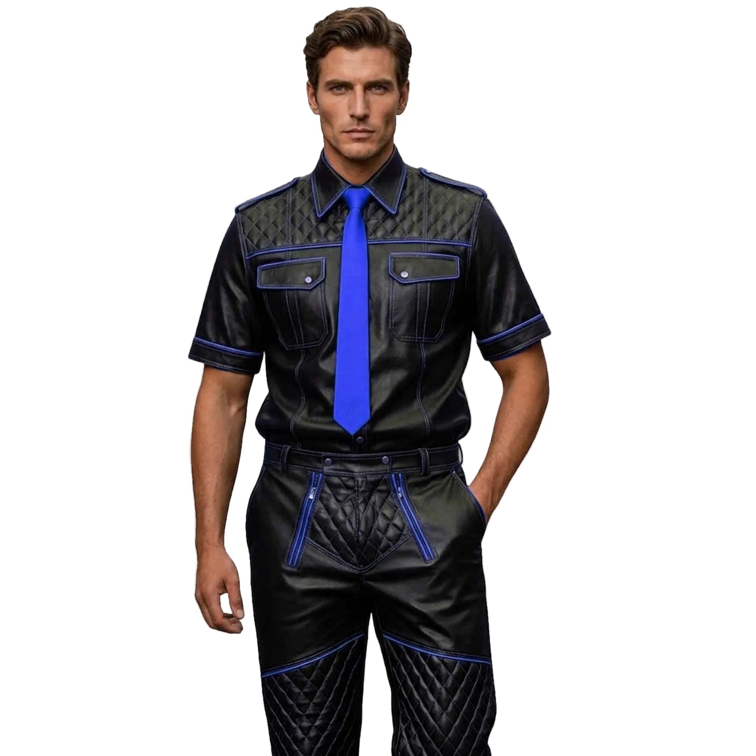 Man wearing a black real leather outfit with blue accents on a white background