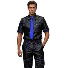 Man wearing a black real leather outfit with blue accents on a white background