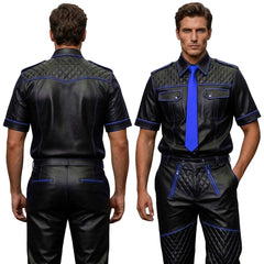 A man modeling a black real leather jumpsuit with blue contrast stitching, shown from both the front and back views against a plain white background.