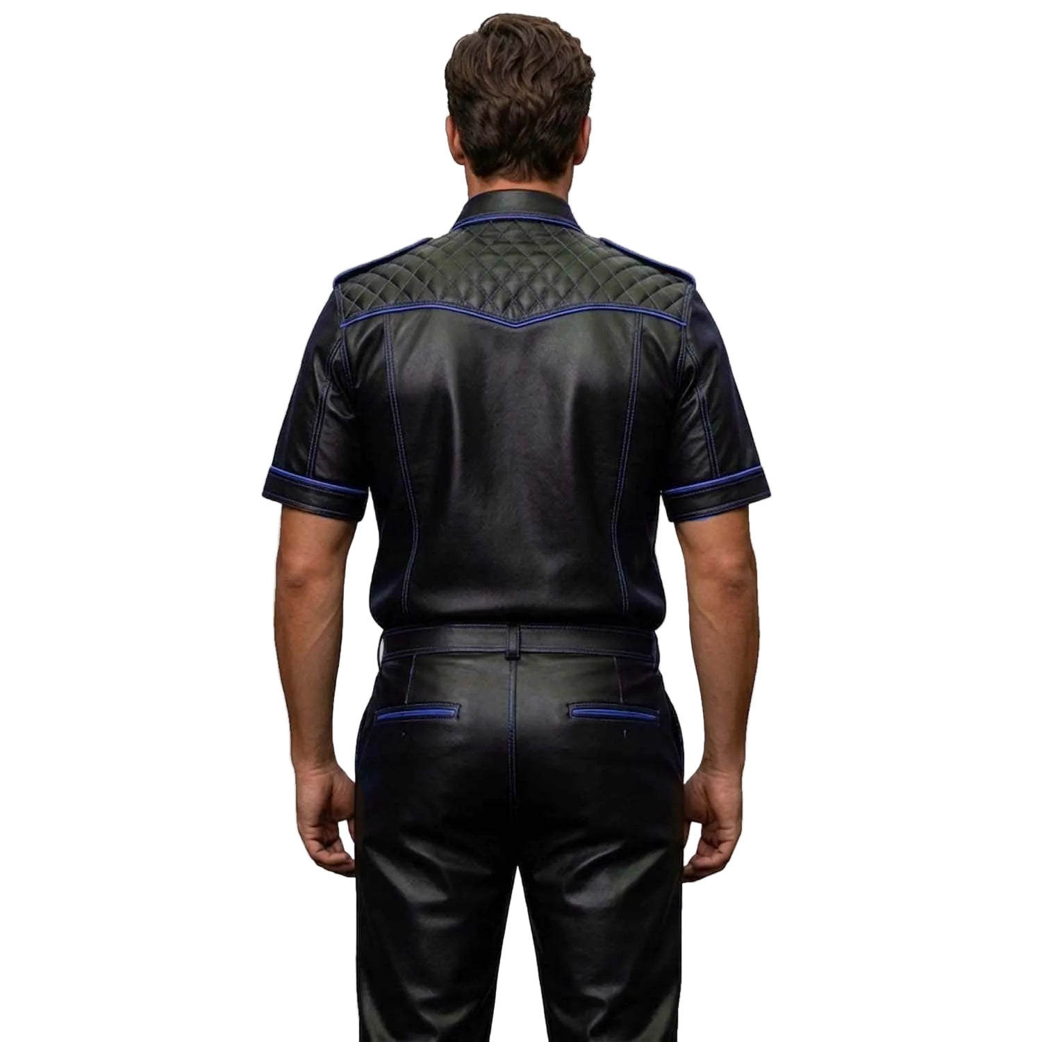 Man wearing a black leather outfit with blue stitching on a white background