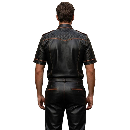 Men’s Black & Orange Contrast Real Leather Shirt & Breeches Set BLUF Style