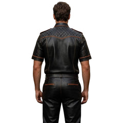 Men’s Black & Orange Contrast Real Leather Shirt & Breeches Set BLUF Style