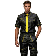 Men’s Black & Yellow Contrast Real Leather Shirt & Breeches Set BLUF Style
