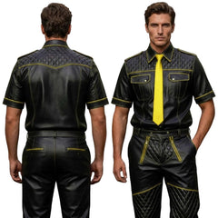 Men’s Black & Yellow Contrast Real Leather Shirt & Breeches Set BLUF Style