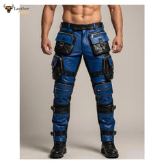 Pantalones Tácticos de Motorista de Cuero Azules y Negros para Hombre