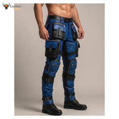 Pantalones Tácticos de Motorista de Cuero Azules y Negros para Hombre