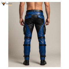 Pantalones Tácticos de Motorista de Cuero Azules y Negros para Hombre