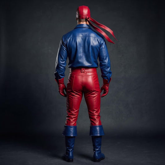Rear view of the superhero leather costume displaying the structured back yoke of the blue leather shirt and fitted seams of the red leather pants.