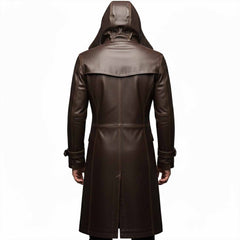 Rear studio view of man wearing brown genuine leather hooded overcoat with hood raised showing full length duster silhouette and walking vent