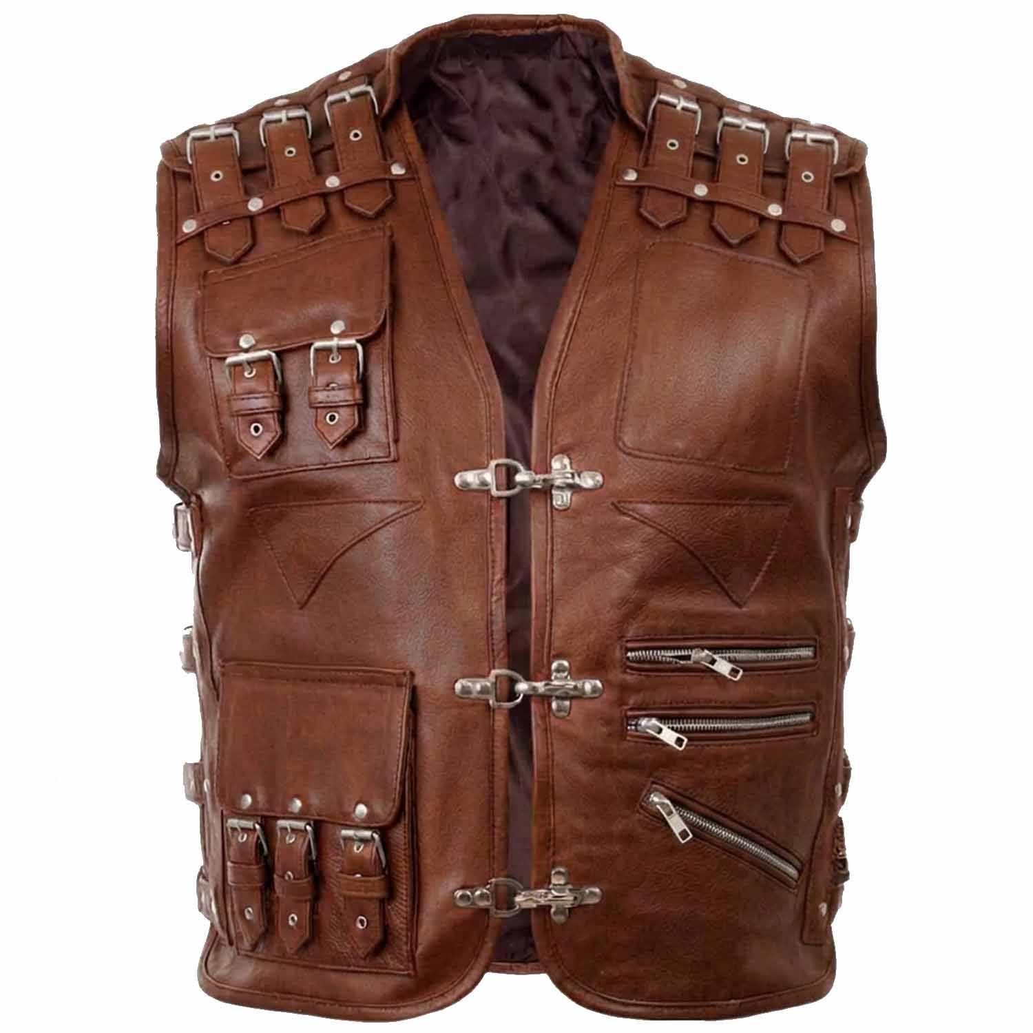 Front view of men's brown cowhide leather motorcycle vest featuring fish-hook clasps and buckle pockets