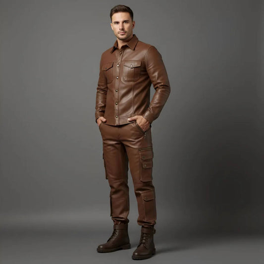 Model posing with hands in pockets showcasing the tailored chest flap pockets and side utility cargo pockets on the men's brown leather set