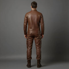 Rear view of the men's brown leather jacket and slim-fit cargo pants highlighting the clean back yoke seam and rear flap pocket details