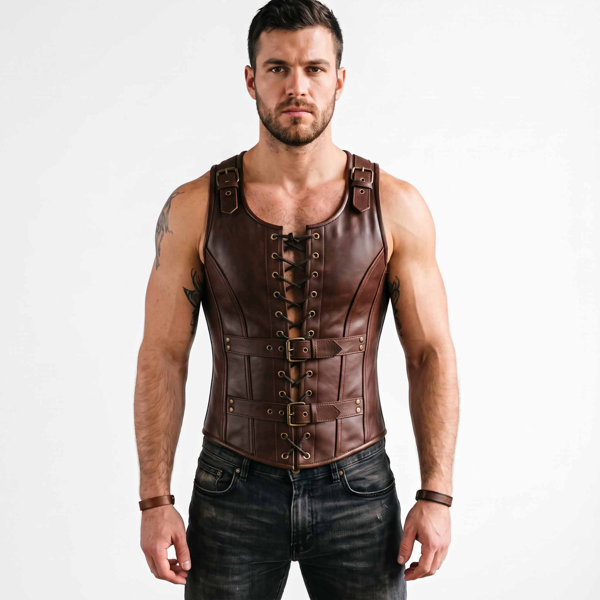 Front view of muscular man wearing handmade brown cowhide leather medieval corset vest with chest lacing, waist buckles, and shoulder straps