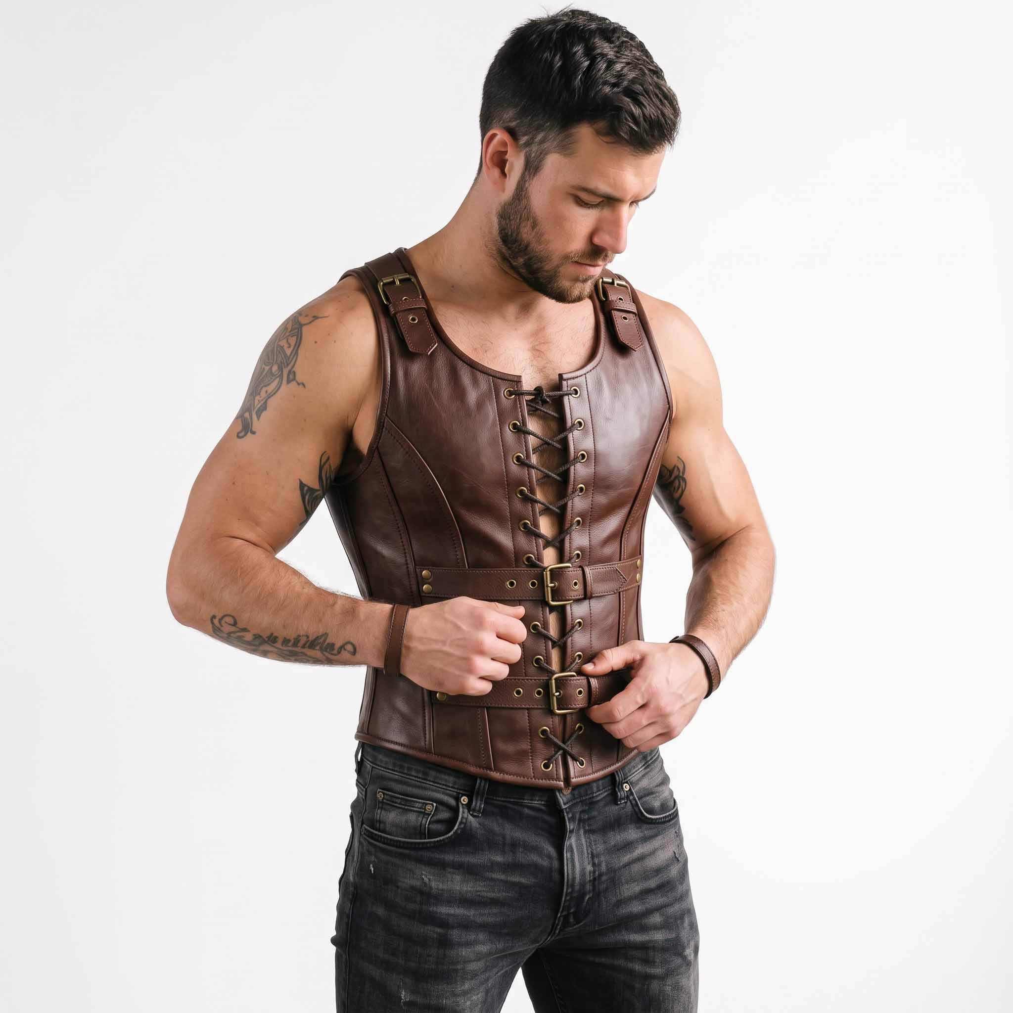 Close up front shot of man adjusting the antique brass roller buckle straps on brown leather medieval armor tank top