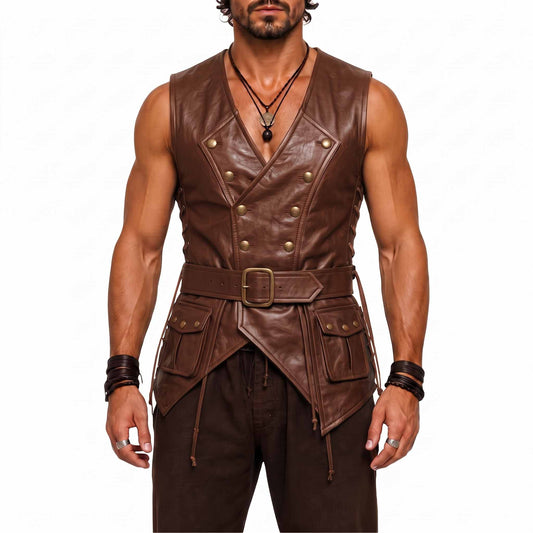 Front view of athletic man modeling brown genuine leather pirate waistcoat showing deep V neck, crossover brass buttons, and pointed hemline