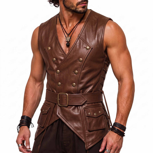 Front three quarter perspective of muscular man wearing handmade brown leather medieval vest with double breasted buttons and buckled waist belt