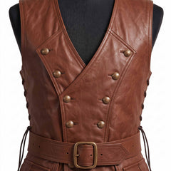 Macro close up of brown leather medieval waistcoat chest highlighting double breasted embossed brass buttons and leather waist belt buckle